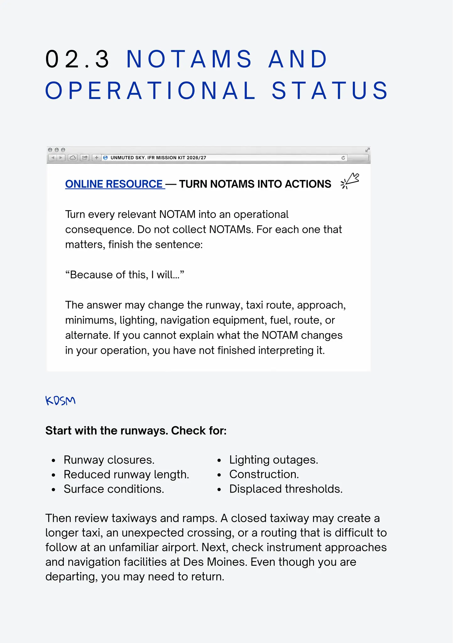NOTAMs and operational status section from the IFR Mission Kit